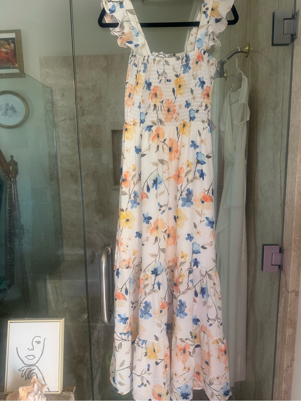 Pull&Bear Cream Floral Smocked Top with Blue and Yellow Accents
